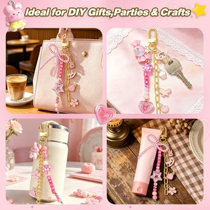 Ecoofor 707 Pcs Lip Gloss Beaded Keychain Making Kits, Pink DIY Bag Charm Kit, 78.8 Inch Chains, Key Chain Hooks, Jump Rings, Lobster Clasps, 452 Charms & Letter Beads, Tools & Gift Bags - color: Gold - 707 Pcs Kit