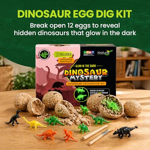 Nature Gear Dino Dig Kit for Kids, Dinosaur Eggs Digging Kit, Educational Egg Excavation Kit with 12 Glow in The Dark Mystery Dinosaurs, Interactive Archaeology Fossil Toy for Kids Age 3-5 and Up - style: Dinosaur Eggs Kit