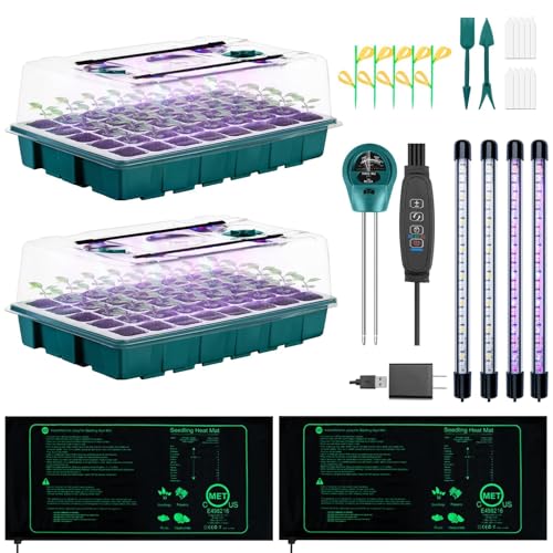 Seed Starter Tray with Grow Lights and Heat Mat, 3-in-1 Soil Meter, 80-Cell Seed Growing Tray, Germination & Plant Propagation Station for Indoor Plants 2-Pack