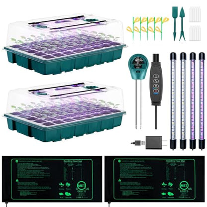 Seed Starter Tray with Grow Lights and Heat Mat, 3-in-1 Soil Meter, 80-Cell Seed Growing Tray, Germination & Plant Propagation Station for Indoor Plants 2-Pack
