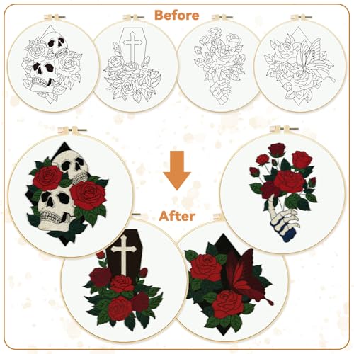 BEUNITONE 4 Set Halloween Skull Embroidery Kit for Beginners Include Hoops - color: 02-Halloween Rose