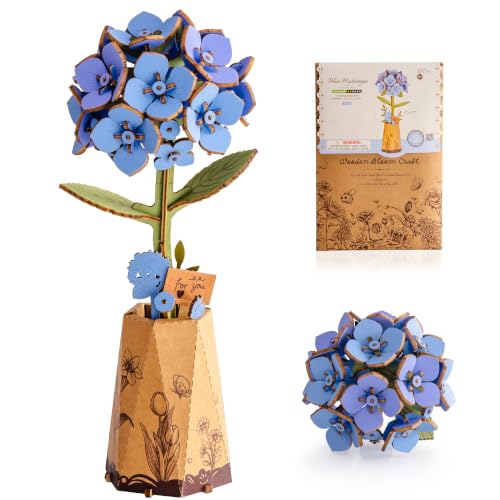 3D Flower Wooden Puzzles for Adults - Blue Hydrangea, DIY Wooden Flowers Plants Model Kit Building Set Crafts for Adults to Build, Creative (150 PCS) - style: TW-Blue Hydrangea