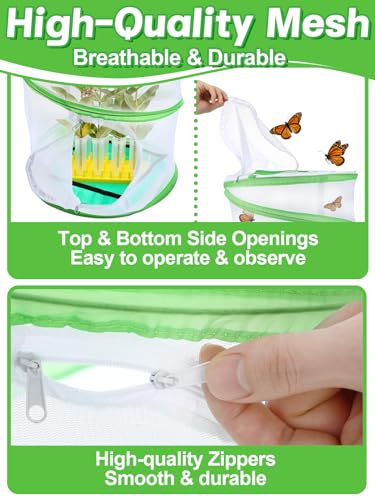 Complete Butterfly Habitat Kit - 14" W x 20" H Large Collapsible Mesh Growing Cage & Hydroponic Feeding Tubes/Rack Holder & Messproof Mat & Guide, Easy to Set Up, Monarch Caterpillars Enclosure House