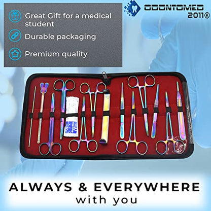 OdontoMed2011® Advanced Anatomy Kit | Premium Stainless Steel Multi Titanium Rainbow Color | 24 Pcs Tools Set with Scalpel Knife Handle for Medic Students | Included in Case ODM
