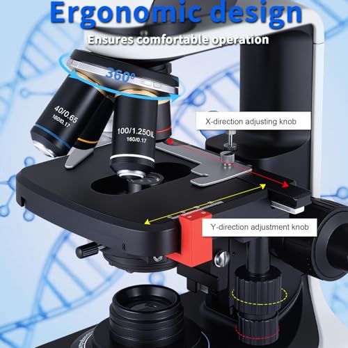 40X-2500X Binocular Microscope, WF10x and WF25x Eyepieces, LED Illumination, with Specimen Handpiece Holder, for Beginners, Microscope for Adults - color: black and white