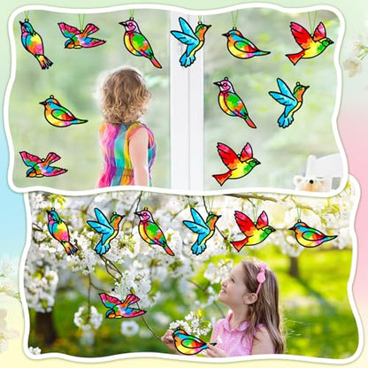 Qyeahkj 36 Set Spring Bird Suncatchers Crafts for Kids DIY Bird Window Tissue Paper Craft Kit Animal Hanging Decor for Summer School Home Activity Art Project Birthday Party Favor Gift - style: Bird