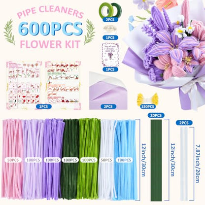 Anyeve 600 PCS Pipe Cleaners Craft, Pipe Cleaner Flower Kit in 7 Colors, Chenille Stems Bouquets, Fluffy Pipe Cleaners, Ribbons and Flower Paper, Instructions for Easy Operation, DIY Enthusiasts - color: 600PCS-7 Color