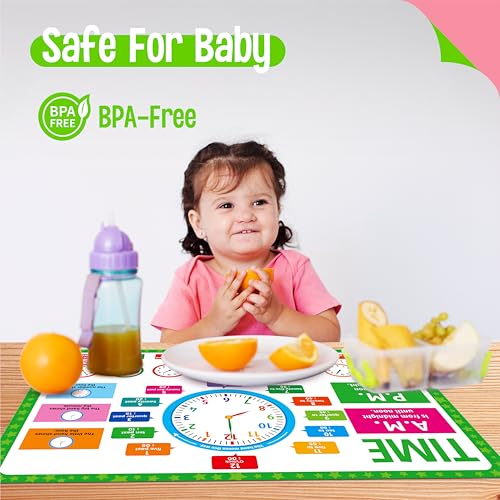 6 Pack Placemats for Kids, Non-Slip Washable Table Mat, Reusable Addition, Subtraction, Time, Calendar, Money & Holiday Placemats for Home, Kindergarten, Classroom, Nursery - style: Time