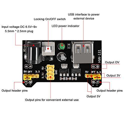 3.3V 5V MB102 Solderless Breadboard Power Supply Module with 9V Battery Clip Power Cable 2.1x 5.5mm Male DC Jack Plug for Arduino (Pack of 3) - size: 3 Set