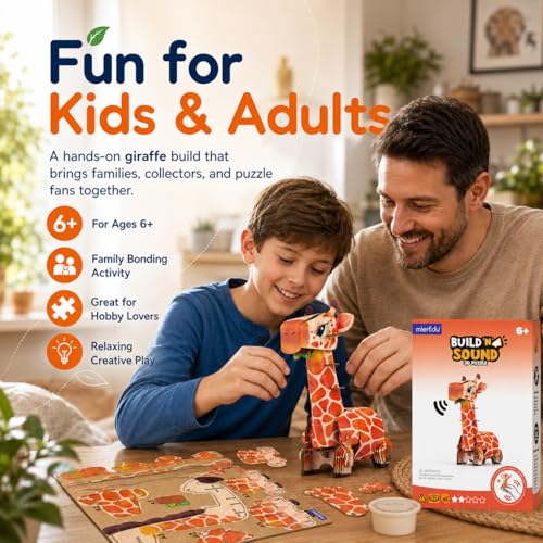 MierEdu Build 'N' Sound 3D Puzzle for Kids, Animal Puzzle with Sound Module, Educational STEM Craft Kit, FSC Paper Model Building Toy Gift for Ages 6+ - color: Giraffe