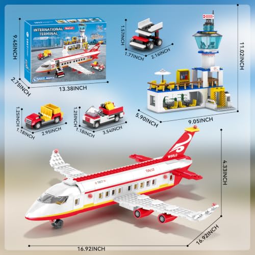 WINGIFT 880 Pcs City Airport Passenger Terminal Building Set, 6 in 1 Airplane Building Blocks Toy, STEM Aircraft Bricks with Shuttle Bus,Luggage Cart,Planes Model Toys Gifts for Boys Girls Ages 6-12+ - color: Red