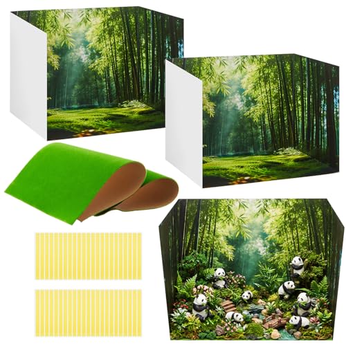 AmazingSpark 2 Set Bamboo Forest Diorama Box and Fake Grass Decor, Panda Habitat Diorama Project Supplies Set, Cardboard Display Case Kit & Artificial Grass with Double Sided Tapes for DIY Crafts - style: Bamboo Forest