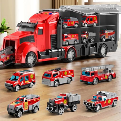 NIPLOOOW Fire Trucks Toy Set with Play Mat, Carrier Truck Play Vehicles Set for 3 4 5 6 Years Old Boys Kids, Die-Cast Car Toy for Toddlers 3-4 Years, Birthday Gifts Toys for 3-9 Year Old Boys - style: Fire Car