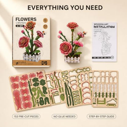 Evankin 3D Wooden Carnation Puzzle Kit, DIY Bouquet Model - color: Carnation