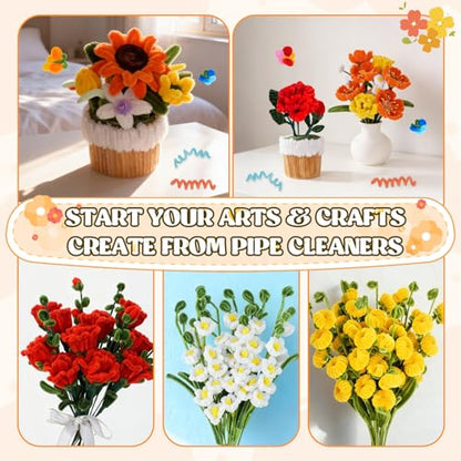 Anyeve 800PCS Pipe Cleaners Flower Kit, Pipe Cleaner Bulk Craft Flower Making Kit with Instruction, 8 Colors Thick Chenille Stems for Arts DIY Craft Supplies with Gardening Tape, Floral Wires, Stamen