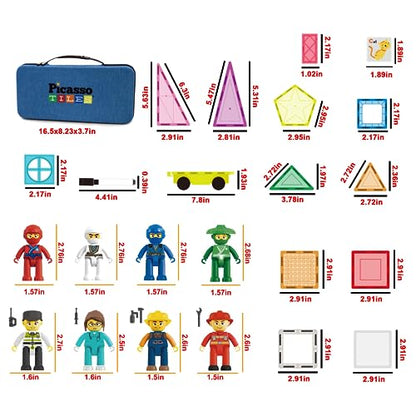 PicassoTiles 100PC Magnetic Tiles Construction Building with Carrying Case Included Block Set with Car, 8 Sets of Characters and Base Whiteboard Marker Playset Toy Kit for Boys & Girls Ages 3+ PB01 - color: 100pcs