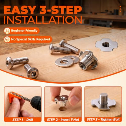 1/4"-20 T-Nut Kit with Bolts, 16 Sets 304 Stainless Steel 4-Prong T-Nuts