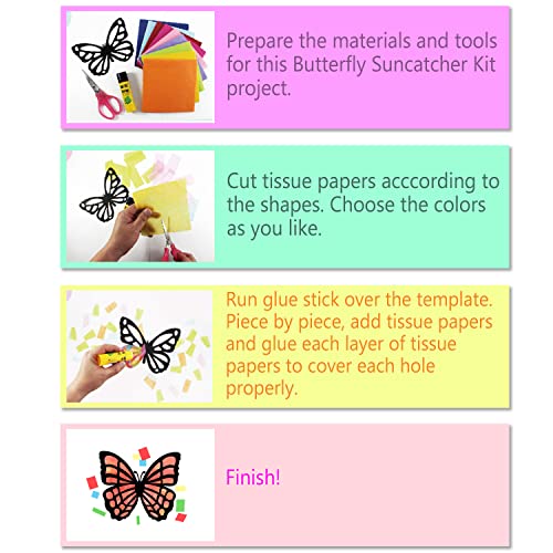 VHALE Suncatchers Craft 3 Sets (9 Cutouts) w Tissue Papers Stained Glass Effect Paper Sun Catcher Kit, Window Art, Classroom Crafts, Creative Art Projects, Kids Party Favors (Butterfly) - style: Butterfly