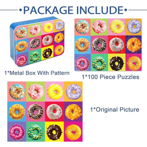 LELEMON Puzzles for Kids Ages 4-6,100 Piece Puzzles for Kids in Metal Box - color: 12pcs Donut