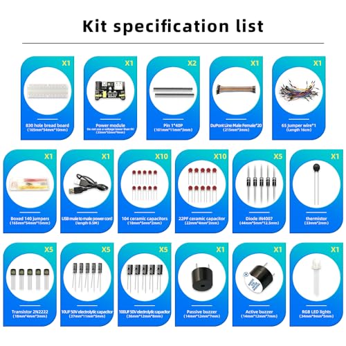 Electronics Component Kit，37 Values Total 480 Pcs Electronic Component Assortment Kit with Power Supply Module 830 tie-Points Breadboard Compatible with Arduino