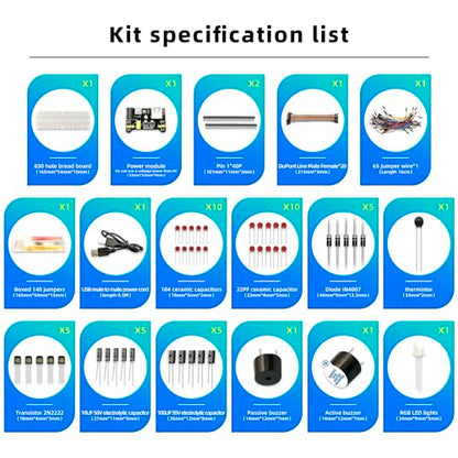 Electronics Component Kit，37 Values Total 480 Pcs Electronic Component Assortment Kit with Power Supply Module 830 tie-Points Breadboard Compatible with Arduino