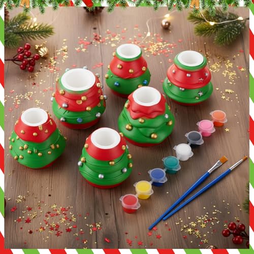 Vesici 6 Sets Christmas Paint Your Own Succulent Planter Ceramic Mini Unpainted Flower Pots Xmas Trees DIY Paintable Bisque Gift for Winter Holiday Craft Project Activity Party Favor