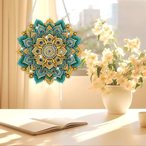 AIRDEA Hanging Diamond Painting Kits Mandala,Special Shaped Diamond Art Kits Geometric Flower Gem Art Pendant Decor,7.76x7.76in - color: green golden blue