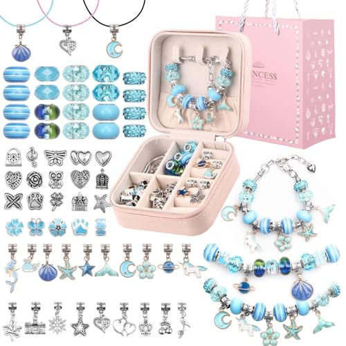 UFU Charm Bracelet Making Kit, Jewelry Making Kit Craft Gift for Girls 5 6 7 8-12, A Sweet Birthday Gift to Inspire Imagination & Creativity, with Portable Jewelry Box - color: D-Blue-1