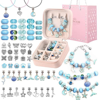 UFU Charm Bracelet Making Kit, Jewelry Making Kit Craft Gift for Girls 5 6 7 8-12, A Sweet Birthday Gift to Inspire Imagination & Creativity, with Portable Jewelry Box - color: D-Blue-1