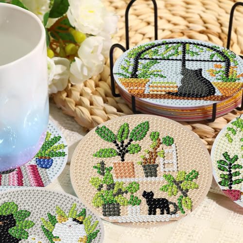 Xylogist 8 Pcs Cat Diamond Art Coasters with Holder 4X4 inch - color: Black Cat Coasters