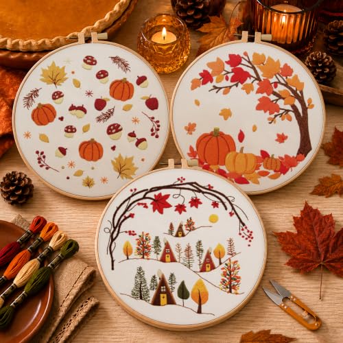 Kuabiz 5 Sets Fall Embroidery Kits for Beginners Autumn Maple Leaves Cross Stitch Kit for Adults Thanksgiving Pumpkins Embroidery Starter Kit Hoop Needlepoint Kits with Instruction Needles Threads - style: Fall Leaves