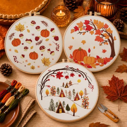 Kuabiz 5 Sets Fall Embroidery Kits for Beginners Autumn Maple Leaves Cross Stitch Kit for Adults Thanksgiving Pumpkins Embroidery Starter Kit Hoop Needlepoint Kits with Instruction Needles Threads - style: Fall Leaves