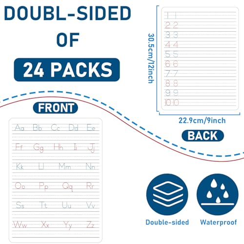 24Pcs Handwriting Practice Double Sided Cardboard for Student ABC Alphabet Tracing Dry Erase Whiteboard Letters Numbers Writing Paper Cardboard for Teacher Teaching Tool Portable12 x 9" - style: ABC Alphabet Tracing & Numbers