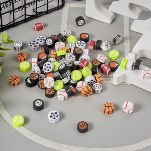 200Pcs Sports Polymer Clay Beads - Basketball, Football, Volleyball, Rugby, Baseball, Ping Pong, Billiards, Spacer Beads for DIY Bracelet, Earring, Key Chain Jewelry Making - color: Sports Theme