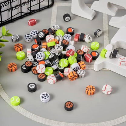 200Pcs Sports Polymer Clay Beads - Basketball, Football, Volleyball, Rugby, Baseball, Ping Pong, Billiards, Spacer Beads for DIY Bracelet, Earring, Key Chain Jewelry Making - color: Sports Theme