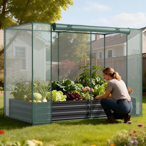 DoCred Crop Cage with Raised Garden Bed, 84.6" x 45.3" x 59" Plant Protection Tent Garden Cages with Window, 2 in 1 Galvanized Raised Garden Bed Kit and Mesh Cover for Garden, Yard, Lawn - color: Black, size: 84.6" x 45.3" x 59"