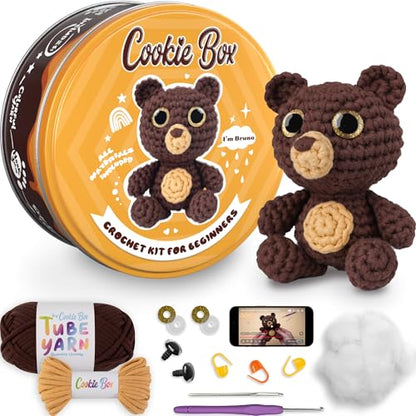 Cookie Box Crochet Kit for Beginners, Bear Bruno - color: Brown