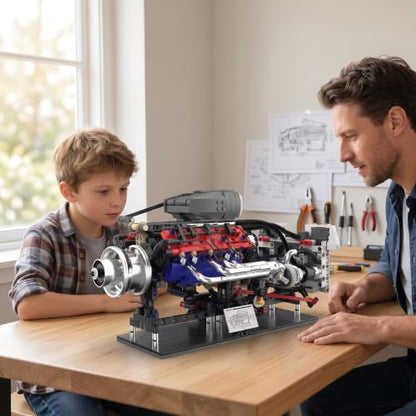 V8 Engine Model Kit, 1151 Pieces, Hand Crank, Transparent Case