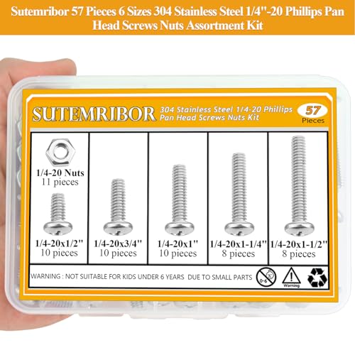 57 Pieces 1/4-20 x 1/2", 3/4", 1", 1-1/4", 1-1/2", Phillips Pan Head Machine Screws Nuts Assortment Kit - size: 1/4"-20, style: Phillips Pan Head