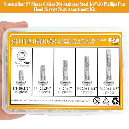57 Pieces 1/4-20 x 1/2", 3/4", 1", 1-1/4", 1-1/2", Phillips Pan Head Machine Screws Nuts Assortment Kit - size: 1/4"-20, style: Phillips Pan Head