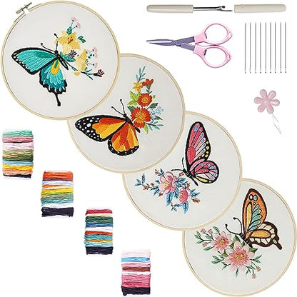 Bonroy 4 Sets Embroidery Kit for Beginners,Embroidery Art Craft Handy Sewing Include Clothes with Pattern,Embroidery Hoops, Instructions,Color Threads Needle (Butterfly) (CX-55) - color: Butterfly