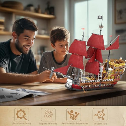 Reobrix Pirate Ship Building Set for Adults 66010, 2776PCS Large Red Sail Pirate Ship Model Kit, 34.6 in Collectible Sailing Ship Building Blocks, Display Gift for Teens Adults 14+