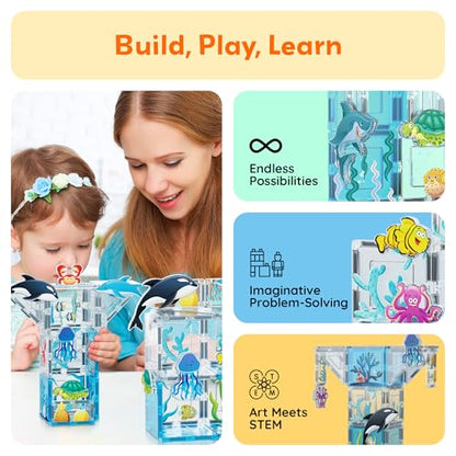 PicassoTiles 52 PCS Magnetic Tiles Ocean Animal STEM Set 8 Figures Ages 3+ - color: Marine Animal Set With 8 Action Figures