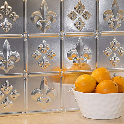 FASÄDE Fleur-de-lis Decorative Vinyl Backsplash 15 sq ft Kit in Brushed Aluminum - color: Brushed Aluminum