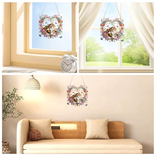 AIRDEA Hanging Diamond Painting Kits Cats,Special Shaped Diamond Art Kits Wreaths Gem Art Pendant Decor,19.4x19.7cm - color: brown red white
