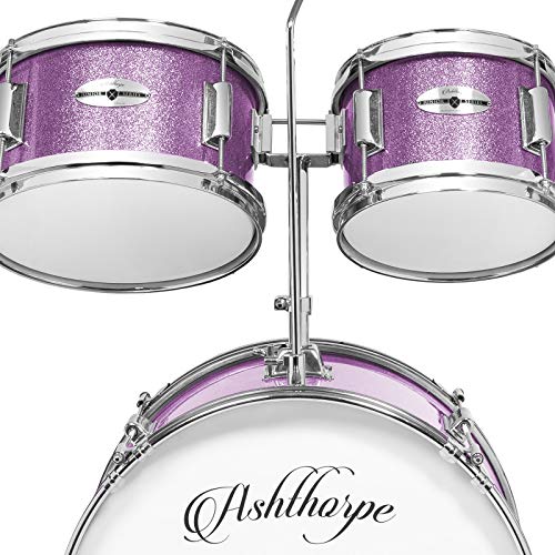 Ashthorpe 5-Piece Complete Kids Drum Set with Genuine Brass Cymbals - Junior Beginner Kit with 16" Bass, Throne, Hi-Hats, Pedals & Drumsticks - Purple - color: Purple