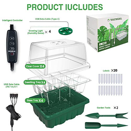 YAUNGEL Seed Starter Tray with Grow Light, 4 Pack Seed Starter Kit with Timing Controller Adjustable Brightness, Thicken Seedling Starter Trays with Humidity Domes Heightened Lids, Gift Box - color: Green, size: 4 Pack