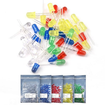 LED Kit 5MM LED Diodes, 1000 Pieces in 5 Colors: White, Red, Yellow, Green, Blue, 2-Pin Circular, Suitable for Christmas Light Replacement and Science Projects - size: 5mm Round Top