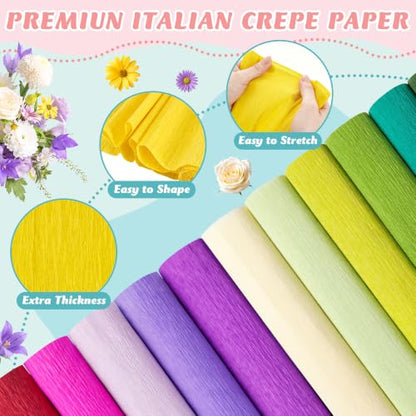 Premium Crepe Paper for Flower Making Kit, 12 Rolls Italian Crepe Paper - color: 12 Multicolor