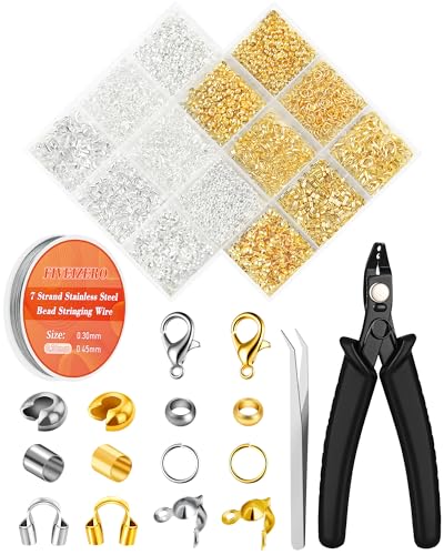 1950 Pcs Jewelry Making Cord End Kit,Crimp Tube Beads with Organizer Box,Includes Crimp Beads, Cover, Lobster Clasp,Jump Ring,Wire Guardians,Crimping Pliers & Beading Wire for Bracelets Necklace